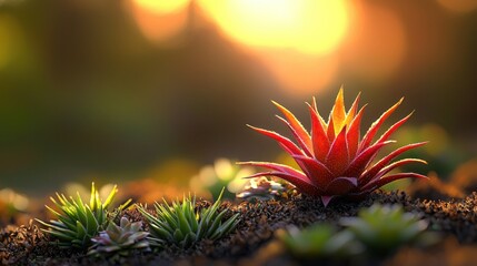 Wall Mural - Red succulent glowing at sunset in desert garden.