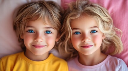 Wall Mural - Two smiling children with blue eyes lying on a pink bed, showcasing joy and innocence