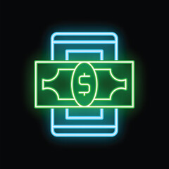 Wall Mural - Glowing neon green dollar bill coming out of a smartphone screen suggesting mobile banking, online payment or finance app