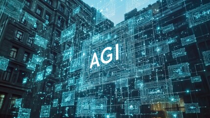 Futuristic Cityscape with AGI Technology in Bright Blue Digital Elements