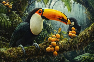 Poster - Toucan And Chick Sharing Tropical Fruits In Lush Rainforest