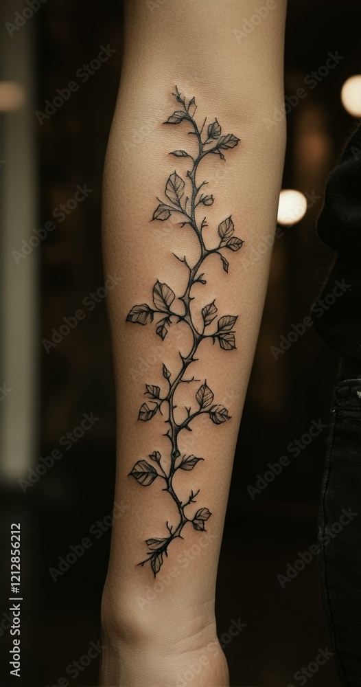 Arm With Elegant Vine Tattoo Design Featuring Thorns And Leaves In A 