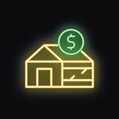 Wall Mural - Glowing neon line house with dollar symbol icon isolated on black background vector illustration