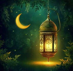 Wall Mural - Vector Ramadan background with lantern and crescent moon, detailed illustration, high resolution, professional photograph. 