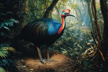 Poster - A Vividly Colored Cassowary Bird in a Lush Rainforest Setting