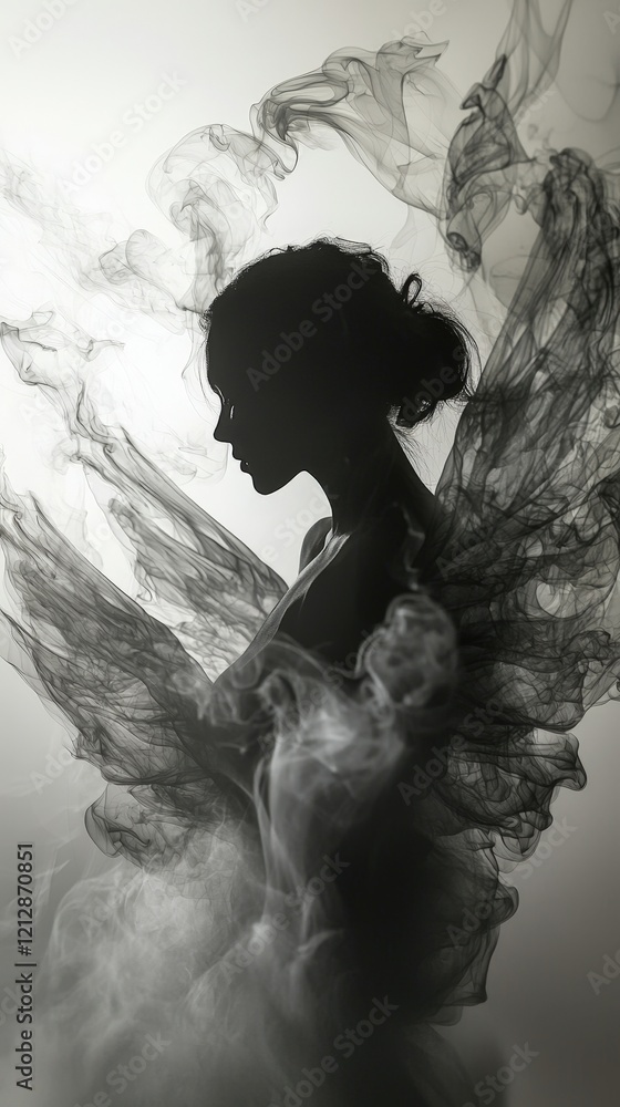 Silhouette of a woman surrounded by swirling smoke and mist, blending ...