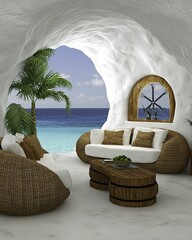 Wall Mural - a serene coastal lounge area featuring organic furniture, a panoramic ocean view, and tropical green