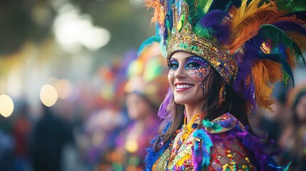 Mardi gras parade, with people in colorful costumes and floats passing