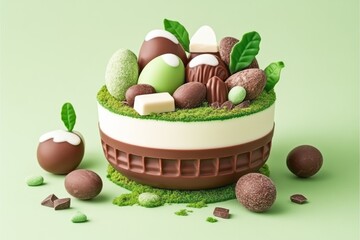 Sticker - Chocolate dessert shaped like a nest, adorned with eggs, leaves, and flowers on a mossy wooden surface, in a natural setting