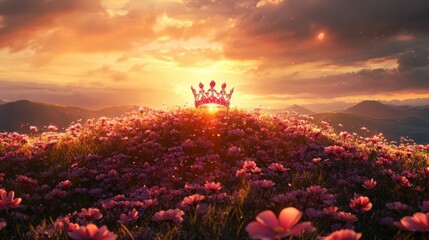 Poster - Crown Atop Hill of Sunset Flowers