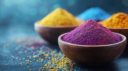 Colorful powder pigments in bowls on dark surface.