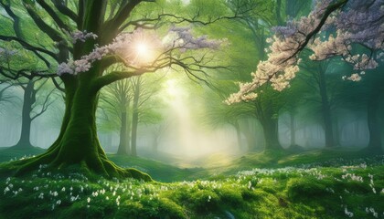 Wall Mural - Sunlight filters through vibrant green trees as blossoms frame a bright, magical landscape.