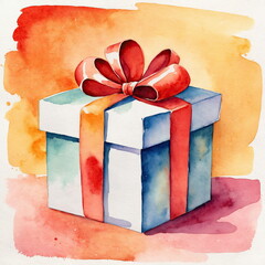 Wall Mural - Delicate watercolor painting of a gift box adorned with a bow resting against a vibrant splash of color