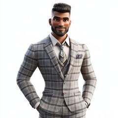 A stylish cartoon man in a grey plaid suit