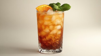 Refreshing iced beverage with orange slice and mint leaves, showcasing a clean background