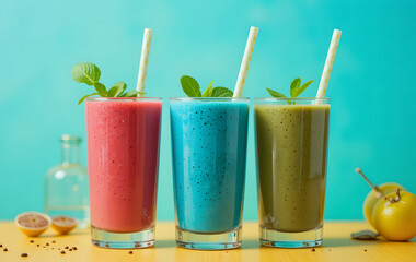 Healthy smoothies in various colors served in glasses on stylish bright background, close up