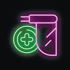 Poster - Glowing neon icon of health insurance with medical cross and shield on black background