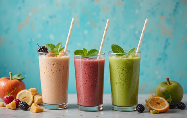 Healthy smoothies in various colors served in glasses on stylish bright background, close up