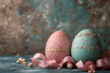 Wall Mural - Happy Easter on a loft-style background 2 pink and blue eggs with a pink ribbon. Generativ Ai