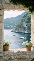Aufkleber - Through a rustic window, a serene coastal landscape unfolds, with several boats gently floating in calm waters, framed by verdant foliage on a foggy day