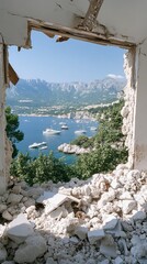 Aufkleber - Through a rustic window, a serene coastal landscape unfolds, with several boats gently floating in calm waters, framed by verdant foliage on a foggy day