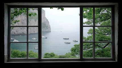 Fototapete - Through a rustic window, a serene coastal landscape unfolds, with several boats gently floating in calm waters, framed by verdant foliage on a foggy day.