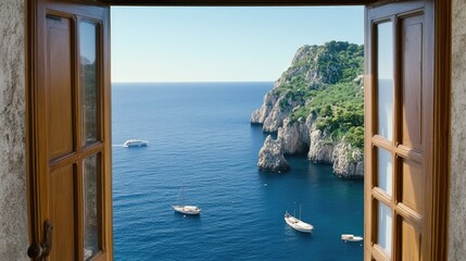 Aufkleber - Through a rustic window, a serene coastal landscape unfolds, with several boats gently floating in calm waters, framed by verdant foliage on a foggy day