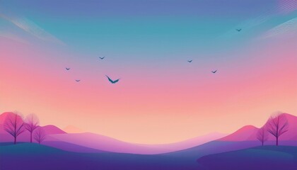 Sticker - A lively depiction of spring showcases delicate trees and mountains under a pastel sky at dusk.