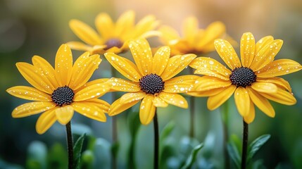 Wall Mural - Dewy yellow daisies in garden with soft background glow.