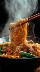 Sticker - chopsticks lifting a portion of crispy noodles with meat and vegetables