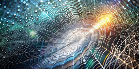 It depicts a vivid and intricate spider web that captures the reflection of light in a range of colors from blue to orange. The web features a detailed geometric pattern with glittering droplets.AI