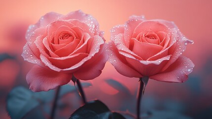 Wall Mural - Two vibrant pink roses with dew drops against a soft pastel background at dawn