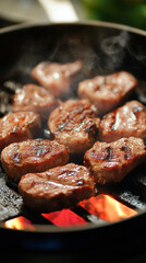 Wall Mural - Juicy slices of grilled meat sizzling on a hot pan