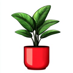 Wall Mural - A vibrant green potted plant showcasing lush leaves in a glossy red pot against a clean white background