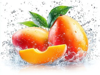 Wall Mural - Juicy Ripe Mangoes Splashing in Water, Isolated on White Background, Freshness, Vibrant, Food Photography