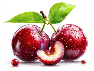 Wall Mural - Fresh Deep Purple Plums, Isolated on White Background, Food Photography, Studio Environment, Close-Up View, Nature's Bounty