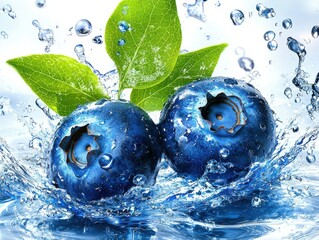 Wall Mural - Fresh Blueberries Splashing in Water, Isolated on White Background, Food Photography, Bright Environment, Close-Up, Juicy Delights