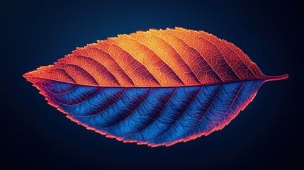 Sticker - Glowing autumn leaf on dark background, close-up view.