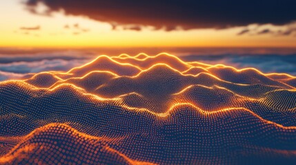 Wall Mural - Glowing digital landscape at sunset above the clouds.