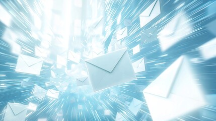 Aufkleber - Abstract scene of flying envelopes in a glowing blue background, symbolizing fast communication, digital messaging, and futuristic postal delivery concepts, Generative AI