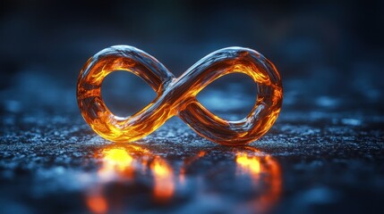 Wall Mural - glowing infinity symbol on dark, reflective surface.