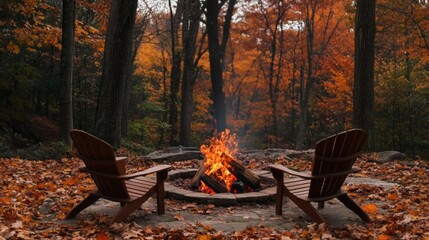 Wall Mural - Autumnal Forest Scene with Cozy Campfire and Adirondack Chairs