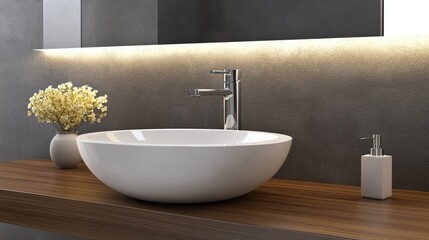 Wall Mural - A contemporary bathroom features a sleek bowl sink with a chrome faucet, wooden countertop, and warmly lit decor, creating a peaceful atmosphere perfect for relaxation