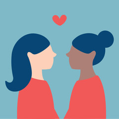 Two girls looking at each other in love, relationships concept illustration