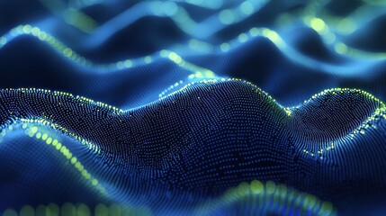 Wall Mural - glowing particle waves on dark blue background data flow visualization.