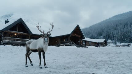 Wall Mural - a majestic reindeer stands gracefully on a snowy landscape, framed by rustic cabins and frosty vista