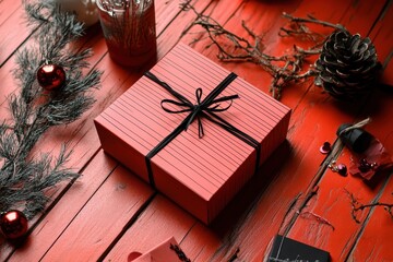 Wall Mural - Delightful gift box adorned with a black ribbon amidst festive decorations on a rustic red table