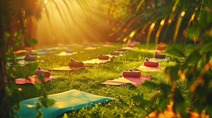 Yoga Mats Arranged Outdoors in Golden Sunlight