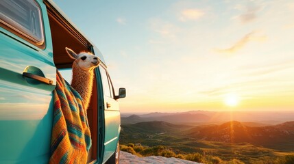 A stylish llama peeks out of a vintage teal van, wrapped in a colorful blanket, capturing the essence of adventure during a stunning sunset landscape.