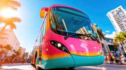 A bright pink bus travels down a sunlit city street, conveying a cheerful and lively atmosphere, with people and palm trees enhancing the vibrant urban setting.